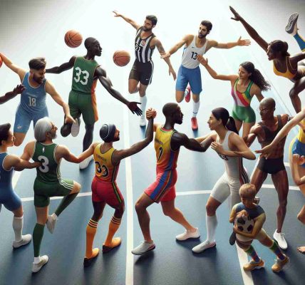 A high-definition, realistic image illustrating the embrace of diversity in sports as a path toward inclusivity. It includes an array of athletes of differing racial descents: a Black woman playing basketball, a Hispanic man as a soccer player, a Middle-Eastern woman swimming, a South Asian man running track, a Caucasian man playing hockey, and a White woman performing gymnastics. All of them are united, demonstrating camaraderie through handshakes, high-fives, and motivational talks, symbolizing the solidarity in embracing diverse backgrounds and uniting under shared interests and ambitions.