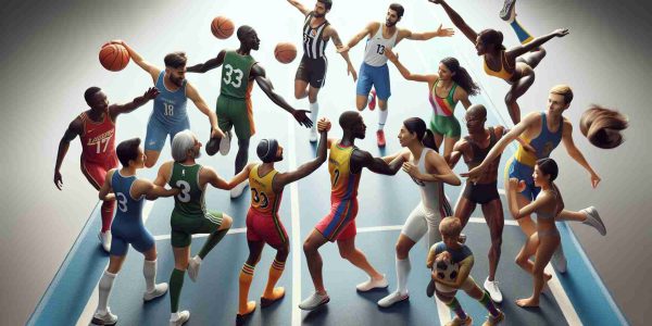 A high-definition, realistic image illustrating the embrace of diversity in sports as a path toward inclusivity. It includes an array of athletes of differing racial descents: a Black woman playing basketball, a Hispanic man as a soccer player, a Middle-Eastern woman swimming, a South Asian man running track, a Caucasian man playing hockey, and a White woman performing gymnastics. All of them are united, demonstrating camaraderie through handshakes, high-fives, and motivational talks, symbolizing the solidarity in embracing diverse backgrounds and uniting under shared interests and ambitions.