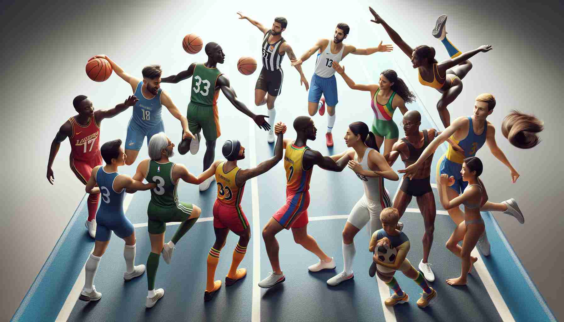 A high-definition, realistic image illustrating the embrace of diversity in sports as a path toward inclusivity. It includes an array of athletes of differing racial descents: a Black woman playing basketball, a Hispanic man as a soccer player, a Middle-Eastern woman swimming, a South Asian man running track, a Caucasian man playing hockey, and a White woman performing gymnastics. All of them are united, demonstrating camaraderie through handshakes, high-fives, and motivational talks, symbolizing the solidarity in embracing diverse backgrounds and uniting under shared interests and ambitions.