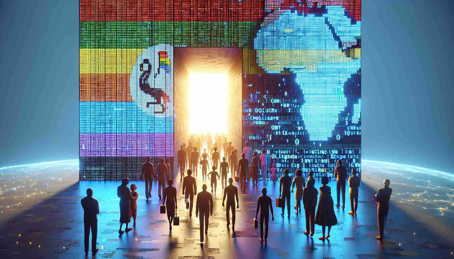 A realistic and high-definition image visualizing the concept of overcoming digital challenges for LGBTQ rights in Uganda. Picture a metaphorical wall made of computer codes or pixels symbolizing the digital challenges. A tunnel or door seems to be appearing in the wall, with a light shining through it. There, a symbolic diverse group of LGBTQ members represented by colorful silhouettes are walking towards the light. The background should incorporate elements that hint at Uganda's culture and environment without being specific or offensive. Please don't include any specific or identifiable persons.