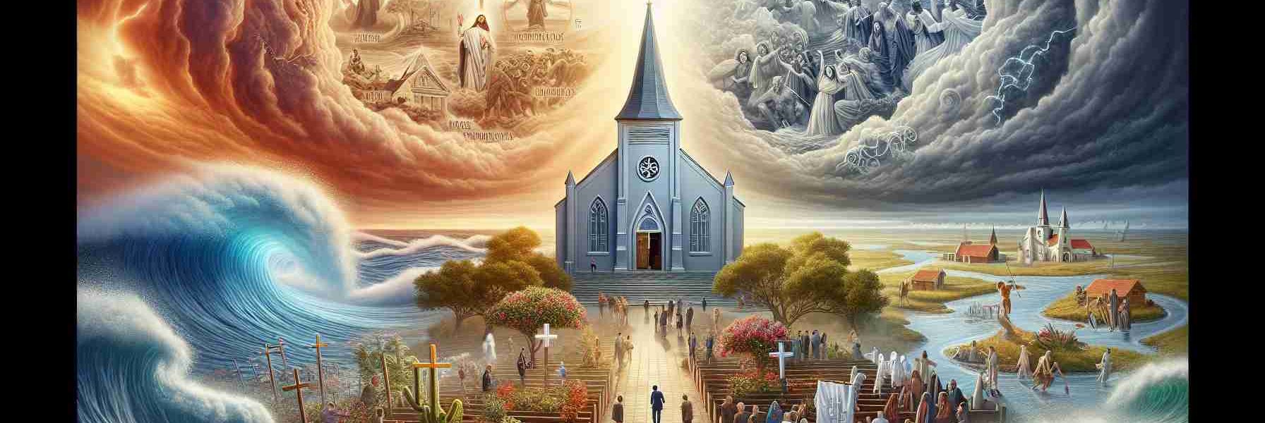 An image depicting the themes of challenges and triumphs experienced by the modern Catholic Church. The scene could include a landscape of a church surrounded by symbolic visuals such as a turbulent sea to reflect the challenges, while a ray of light piercing through the dark clouds might represent the triumphs. Included should also be people of diverse descents engaging in acts of faith to display the multicultural presence in the Church. Please render in a realistic HD quality.