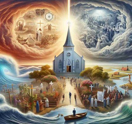 An image depicting the themes of challenges and triumphs experienced by the modern Catholic Church. The scene could include a landscape of a church surrounded by symbolic visuals such as a turbulent sea to reflect the challenges, while a ray of light piercing through the dark clouds might represent the triumphs. Included should also be people of diverse descents engaging in acts of faith to display the multicultural presence in the Church. Please render in a realistic HD quality.