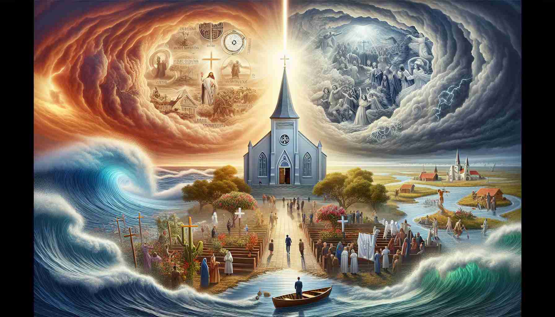 An image depicting the themes of challenges and triumphs experienced by the modern Catholic Church. The scene could include a landscape of a church surrounded by symbolic visuals such as a turbulent sea to reflect the challenges, while a ray of light piercing through the dark clouds might represent the triumphs. Included should also be people of diverse descents engaging in acts of faith to display the multicultural presence in the Church. Please render in a realistic HD quality.