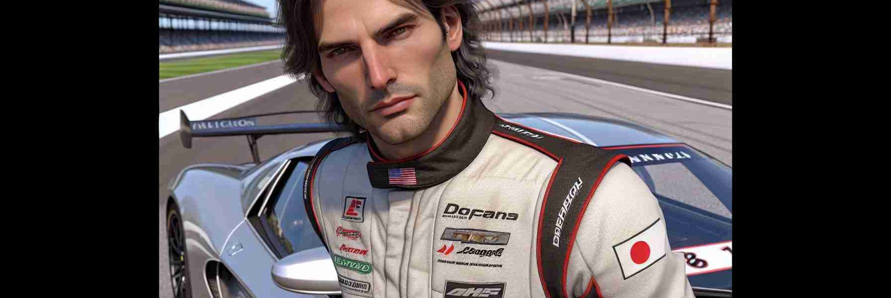 A realistic, high-definition image of a middle-aged man with medium-length dark hair and athletic physique donning a racing suit, poised to participate in a race at a renowned motorsports track. The man's face shows a hint of anticipation for the upcoming auto race. He poses right by a sleek, silver sports car bearing the branding of a famous Japanese automaker. In the background, a panoramic view of the Indianapolis Motor Speedway under a clear blue sky adds to the vibe of the racing event.