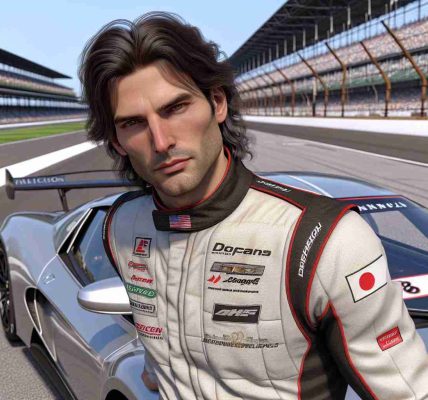 A realistic, high-definition image of a middle-aged man with medium-length dark hair and athletic physique donning a racing suit, poised to participate in a race at a renowned motorsports track. The man's face shows a hint of anticipation for the upcoming auto race. He poses right by a sleek, silver sports car bearing the branding of a famous Japanese automaker. In the background, a panoramic view of the Indianapolis Motor Speedway under a clear blue sky adds to the vibe of the racing event.