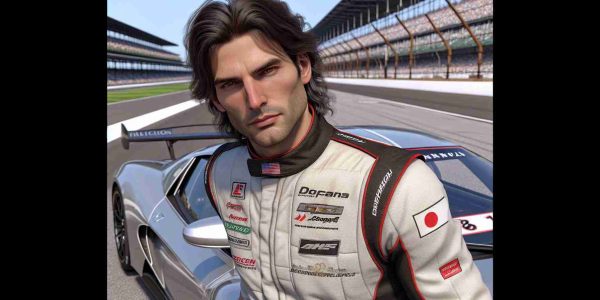 A realistic, high-definition image of a middle-aged man with medium-length dark hair and athletic physique donning a racing suit, poised to participate in a race at a renowned motorsports track. The man's face shows a hint of anticipation for the upcoming auto race. He poses right by a sleek, silver sports car bearing the branding of a famous Japanese automaker. In the background, a panoramic view of the Indianapolis Motor Speedway under a clear blue sky adds to the vibe of the racing event.