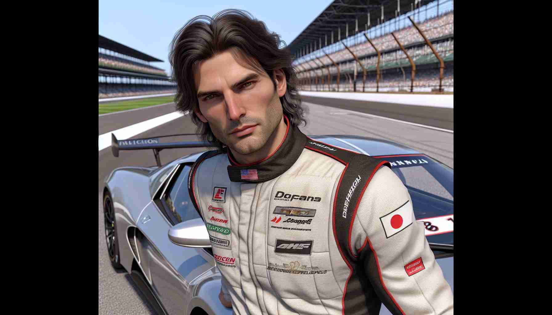 A realistic, high-definition image of a middle-aged man with medium-length dark hair and athletic physique donning a racing suit, poised to participate in a race at a renowned motorsports track. The man's face shows a hint of anticipation for the upcoming auto race. He poses right by a sleek, silver sports car bearing the branding of a famous Japanese automaker. In the background, a panoramic view of the Indianapolis Motor Speedway under a clear blue sky adds to the vibe of the racing event.