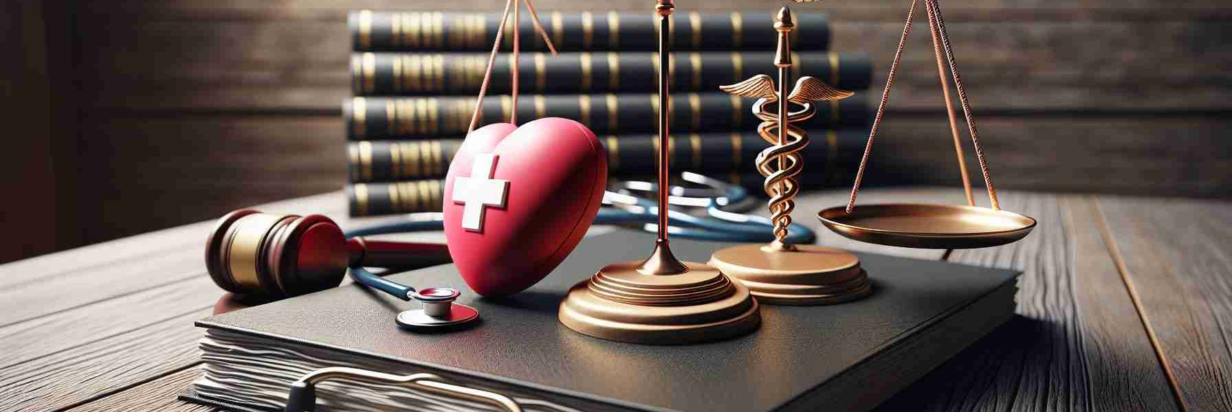 A detailed and realistic high-definition representation of a symbolic situation showcasing a legal challenge to transgender healthcare law. The scene includes a balanced scales, representing justice, placed on a wooden table with legal documents strewn about, and a medical symbol, perhaps a Rod of Asclepius, symbolizing healthcare. Each item should be depicted with a sense of tension, communicating the sense of challenge and conflict inherent in the situation.