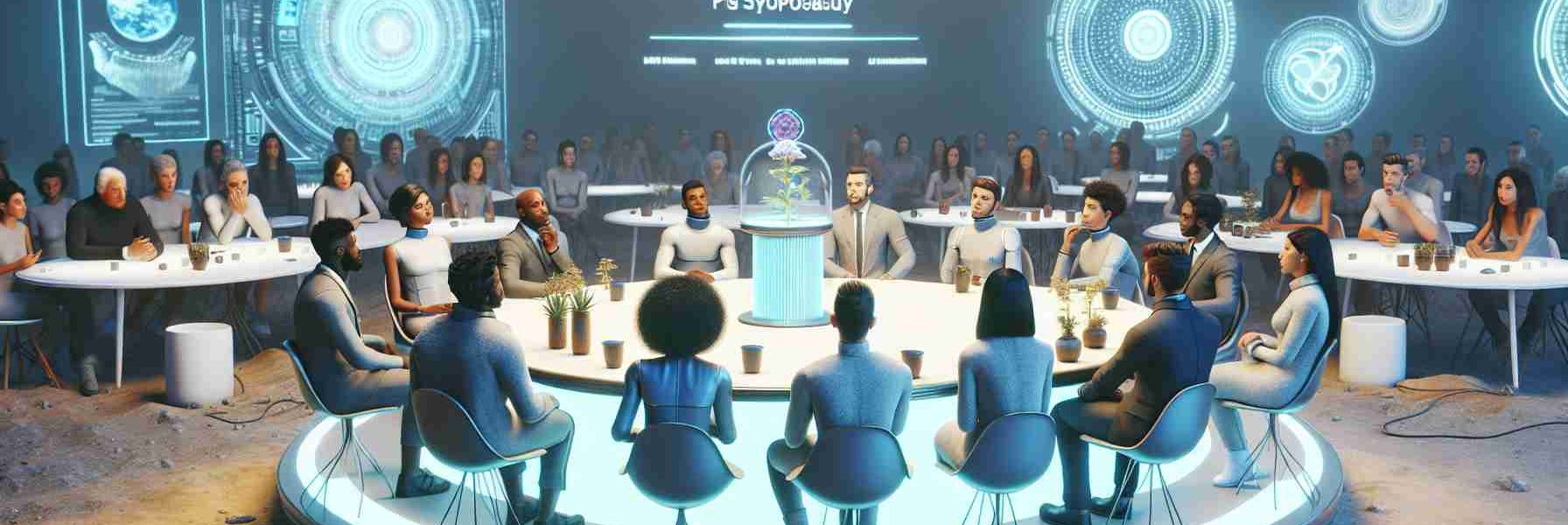 A realistic high-definition image interpreting 'The Power of Love: A Modern Perspective on Plato’s Symposium'. The scene should contain people gathered in an advanced, futuristic setting discussing philosophy and the concept of love. The attendees could be people from different genders, races, and cultures, such as a Black woman, a Caucasian man, a Hispanic non-binary person, and a South Asian man. They sit or stand around a table filled with futuristic versions of common items like cups or tablets. Keep the atmosphere intellectual and contemplative.