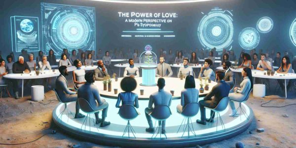 A realistic high-definition image interpreting 'The Power of Love: A Modern Perspective on Plato’s Symposium'. The scene should contain people gathered in an advanced, futuristic setting discussing philosophy and the concept of love. The attendees could be people from different genders, races, and cultures, such as a Black woman, a Caucasian man, a Hispanic non-binary person, and a South Asian man. They sit or stand around a table filled with futuristic versions of common items like cups or tablets. Keep the atmosphere intellectual and contemplative.