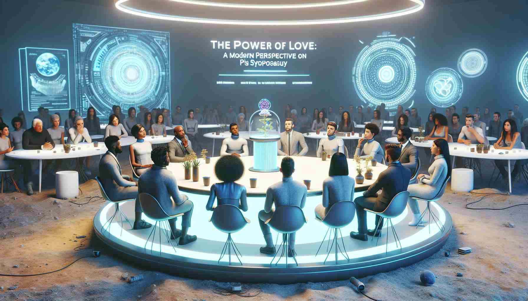 A realistic high-definition image interpreting 'The Power of Love: A Modern Perspective on Plato’s Symposium'. The scene should contain people gathered in an advanced, futuristic setting discussing philosophy and the concept of love. The attendees could be people from different genders, races, and cultures, such as a Black woman, a Caucasian man, a Hispanic non-binary person, and a South Asian man. They sit or stand around a table filled with futuristic versions of common items like cups or tablets. Keep the atmosphere intellectual and contemplative.