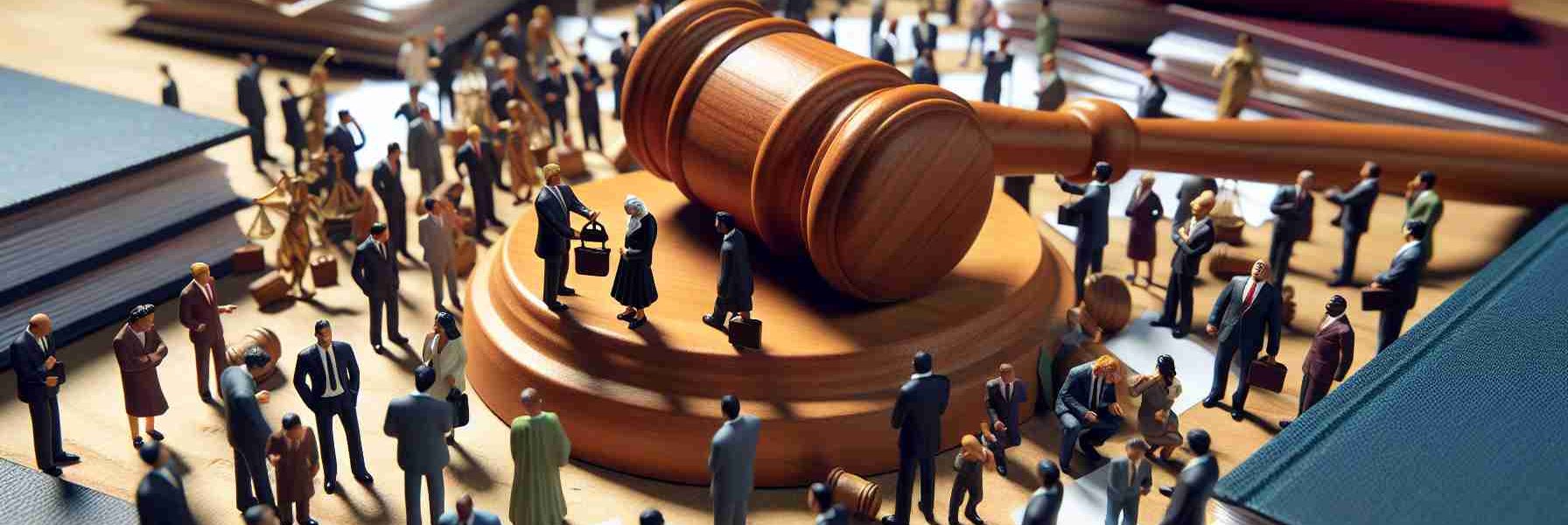 High-definition realistic image of a symbolic representation that signifies the exploration of new frontiers, depicted as a large wooden gavel striking down a pile of diverse legal documents and briefs. Surrounding it are miniature figurines, each of a different gender and descent, representing lawyers in suits, who are engaged in heated discussions. The atmosphere is filled with anticipation, reflecting the intensity and diversity of legal battles.