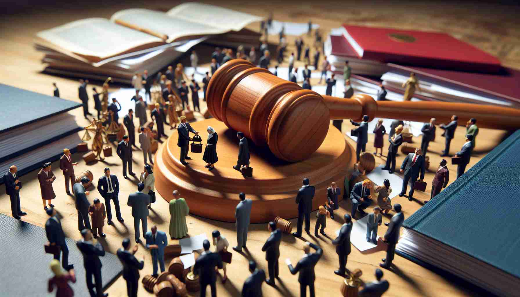 High-definition realistic image of a symbolic representation that signifies the exploration of new frontiers, depicted as a large wooden gavel striking down a pile of diverse legal documents and briefs. Surrounding it are miniature figurines, each of a different gender and descent, representing lawyers in suits, who are engaged in heated discussions. The atmosphere is filled with anticipation, reflecting the intensity and diversity of legal battles.