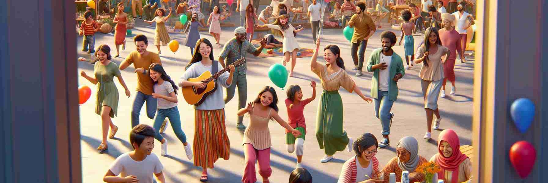 A high-definition, realistic image portraying a jubilant community gathering that speaks to society's diversity. Picture a lively outdoor setting with people of all ages partaking in joyful activities. There are children running around with balloons of various colors. There is an Asian man playing the guitar while a Middle-Eastern woman leads a group of people dancing. On the periphery, an African man and a Caucasian woman manage a food stall serving delicious ethnic cuisines. Further in the distance, South Asian teens are setting up a stage for a performance. The atmosphere is colorful, inclusive and brimming with vibrance.