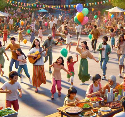 A high-definition, realistic image portraying a jubilant community gathering that speaks to society's diversity. Picture a lively outdoor setting with people of all ages partaking in joyful activities. There are children running around with balloons of various colors. There is an Asian man playing the guitar while a Middle-Eastern woman leads a group of people dancing. On the periphery, an African man and a Caucasian woman manage a food stall serving delicious ethnic cuisines. Further in the distance, South Asian teens are setting up a stage for a performance. The atmosphere is colorful, inclusive and brimming with vibrance.