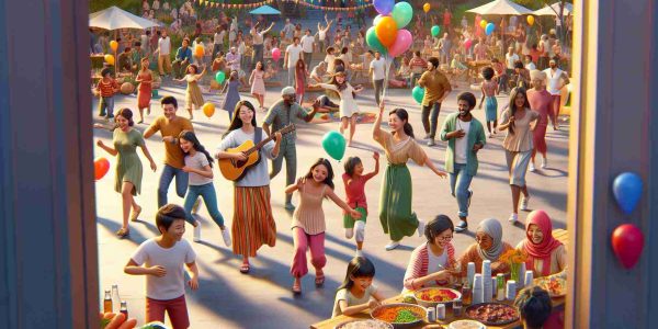 A high-definition, realistic image portraying a jubilant community gathering that speaks to society's diversity. Picture a lively outdoor setting with people of all ages partaking in joyful activities. There are children running around with balloons of various colors. There is an Asian man playing the guitar while a Middle-Eastern woman leads a group of people dancing. On the periphery, an African man and a Caucasian woman manage a food stall serving delicious ethnic cuisines. Further in the distance, South Asian teens are setting up a stage for a performance. The atmosphere is colorful, inclusive and brimming with vibrance.