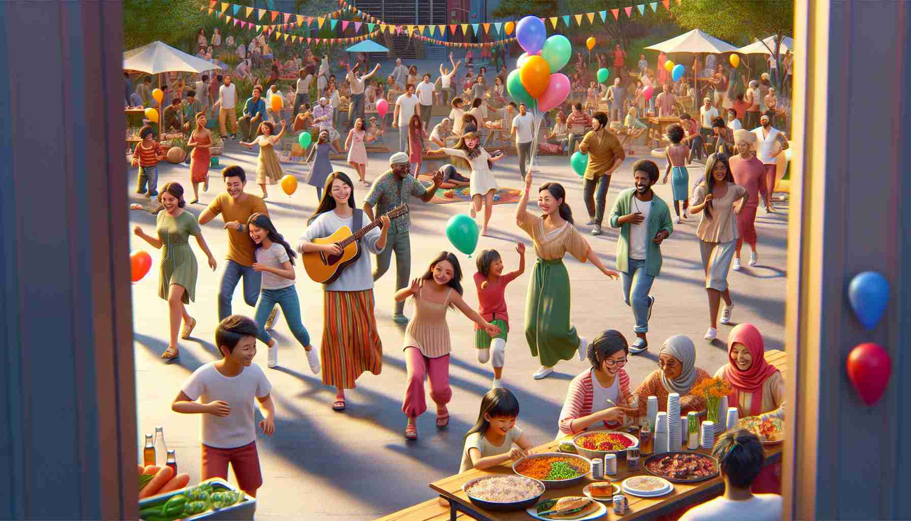 A high-definition, realistic image portraying a jubilant community gathering that speaks to society's diversity. Picture a lively outdoor setting with people of all ages partaking in joyful activities. There are children running around with balloons of various colors. There is an Asian man playing the guitar while a Middle-Eastern woman leads a group of people dancing. On the periphery, an African man and a Caucasian woman manage a food stall serving delicious ethnic cuisines. Further in the distance, South Asian teens are setting up a stage for a performance. The atmosphere is colorful, inclusive and brimming with vibrance.