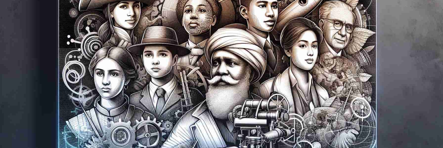 Envision a high-definition, meticulously drawn composition that showcases modern interpretations of historical pioneers. These figures come from a range of backgrounds and occupations, presenting a widely diverse representation of the contributions made to human civilization. A Hispanic female explorer navigates the new world, a South Asian male scientist unravels a key technological breakthrough, a black female doctor pioneers a medical procedure, and a Middle-Eastern male artist revolutionizes a style. This modern take mixes contemporary attire with traditional elements from their time in history, creating a fusion of periods and cultures.