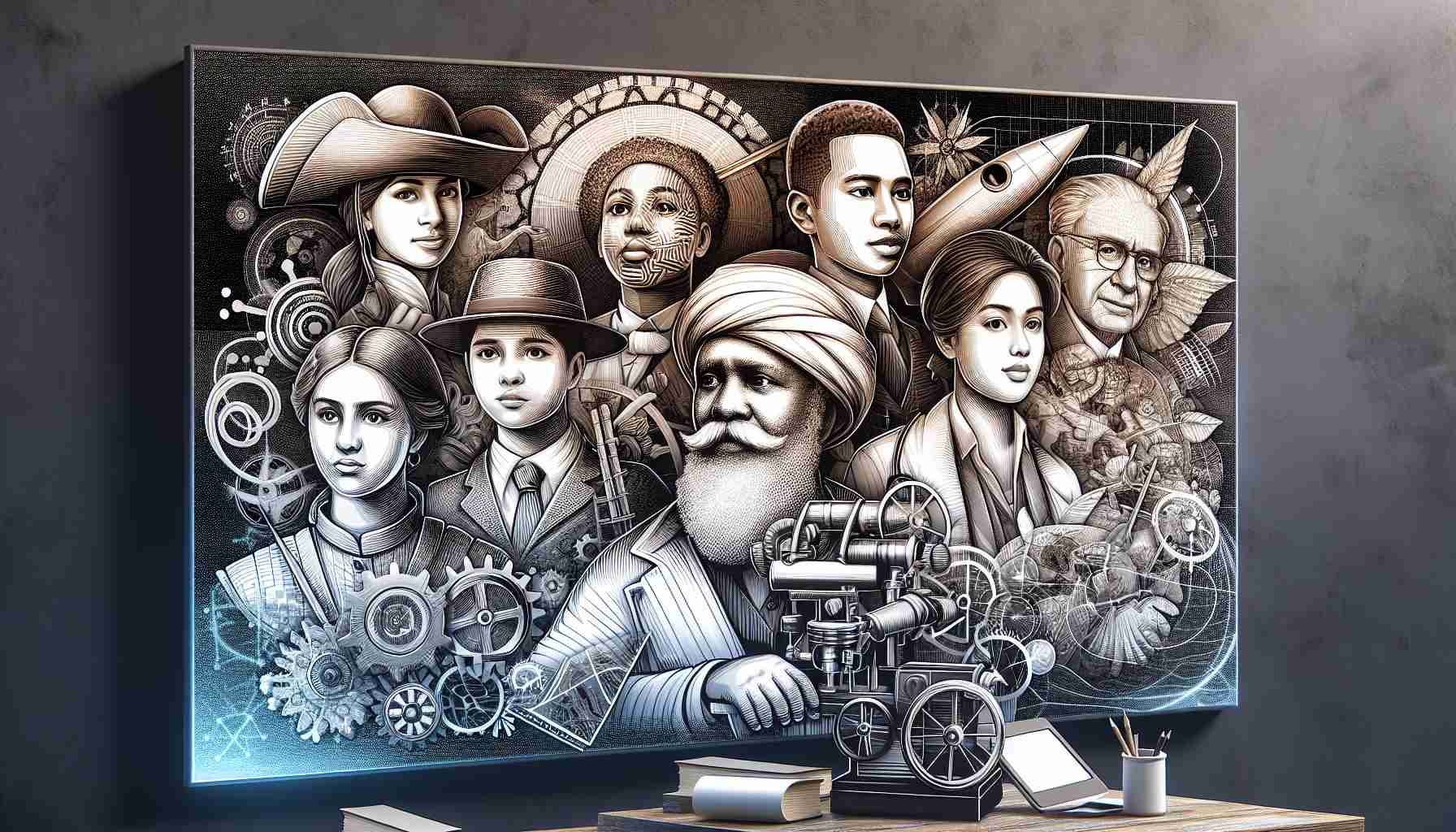 Envision a high-definition, meticulously drawn composition that showcases modern interpretations of historical pioneers. These figures come from a range of backgrounds and occupations, presenting a widely diverse representation of the contributions made to human civilization. A Hispanic female explorer navigates the new world, a South Asian male scientist unravels a key technological breakthrough, a black female doctor pioneers a medical procedure, and a Middle-Eastern male artist revolutionizes a style. This modern take mixes contemporary attire with traditional elements from their time in history, creating a fusion of periods and cultures.