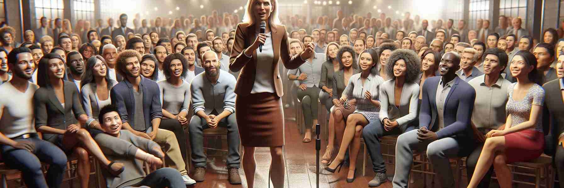 A realistic HD photo reminiscent of a lively gathering. In the center, a determined woman with blonde hair and smart casual attire energizes a diverse crowd at a fundraiser. The room is buzzing with the atmosphere of excitement and anticipation. She is Caucasian and stands on a stage, a microphone in her hand as she addresses the audience. The crowd around her is a mix of men and women, including individuals of Hispanic, Black, Middle-Eastern, South Asian and White descent. Their faces show varied expressions of awe, joy, and agreement. The setting captivates the charged environment of a successful fundraiser event.