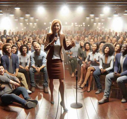 A realistic HD photo reminiscent of a lively gathering. In the center, a determined woman with blonde hair and smart casual attire energizes a diverse crowd at a fundraiser. The room is buzzing with the atmosphere of excitement and anticipation. She is Caucasian and stands on a stage, a microphone in her hand as she addresses the audience. The crowd around her is a mix of men and women, including individuals of Hispanic, Black, Middle-Eastern, South Asian and White descent. Their faces show varied expressions of awe, joy, and agreement. The setting captivates the charged environment of a successful fundraiser event.