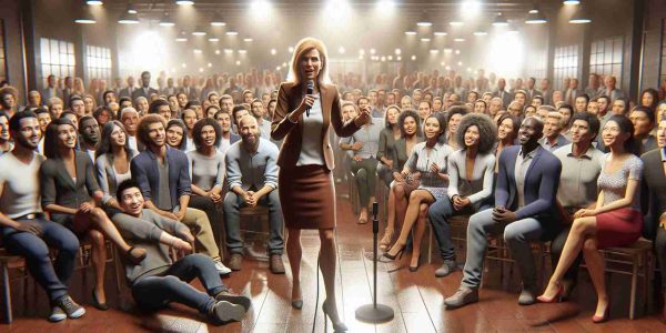 A realistic HD photo reminiscent of a lively gathering. In the center, a determined woman with blonde hair and smart casual attire energizes a diverse crowd at a fundraiser. The room is buzzing with the atmosphere of excitement and anticipation. She is Caucasian and stands on a stage, a microphone in her hand as she addresses the audience. The crowd around her is a mix of men and women, including individuals of Hispanic, Black, Middle-Eastern, South Asian and White descent. Their faces show varied expressions of awe, joy, and agreement. The setting captivates the charged environment of a successful fundraiser event.