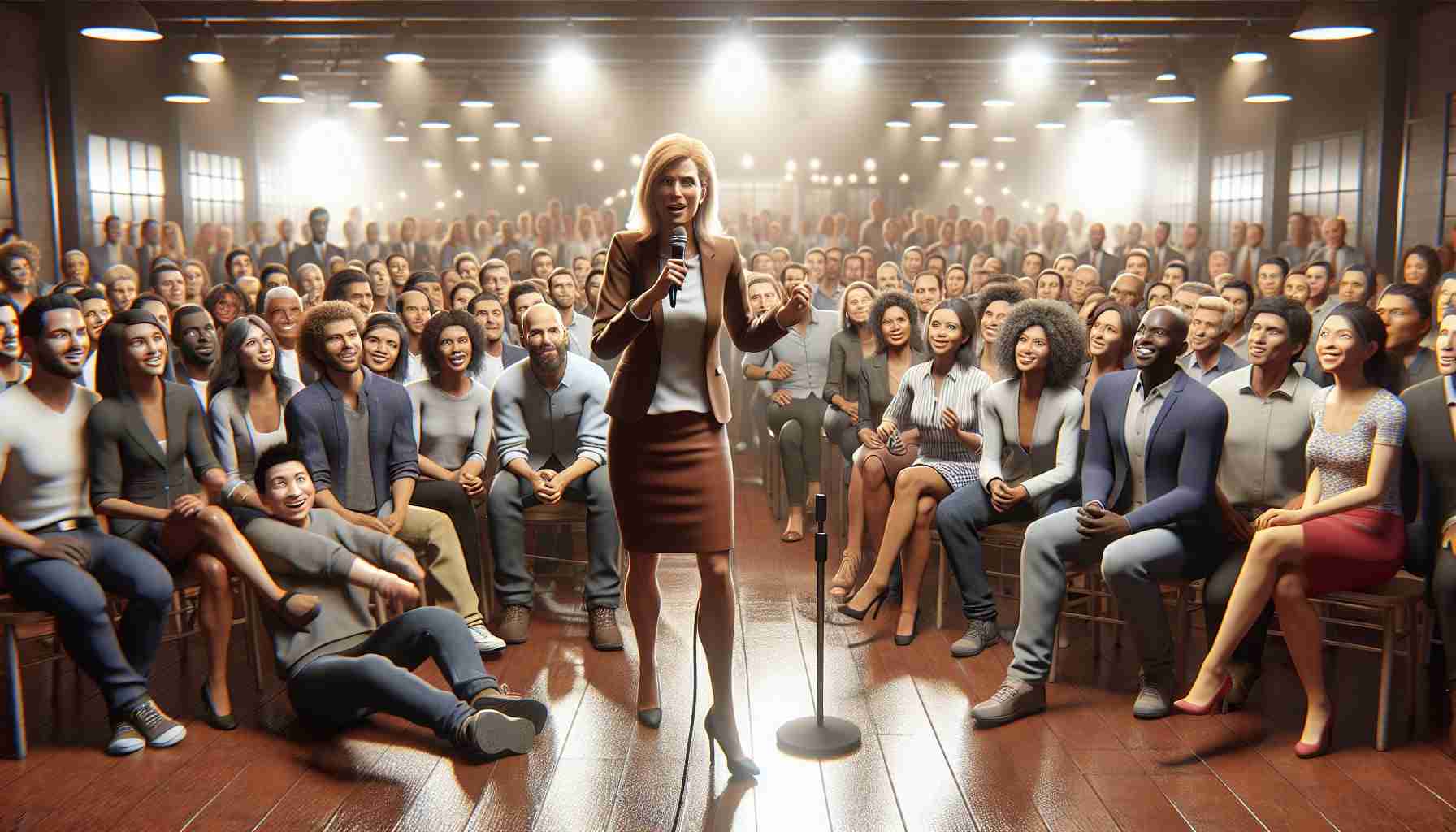 A realistic HD photo reminiscent of a lively gathering. In the center, a determined woman with blonde hair and smart casual attire energizes a diverse crowd at a fundraiser. The room is buzzing with the atmosphere of excitement and anticipation. She is Caucasian and stands on a stage, a microphone in her hand as she addresses the audience. The crowd around her is a mix of men and women, including individuals of Hispanic, Black, Middle-Eastern, South Asian and White descent. Their faces show varied expressions of awe, joy, and agreement. The setting captivates the charged environment of a successful fundraiser event.