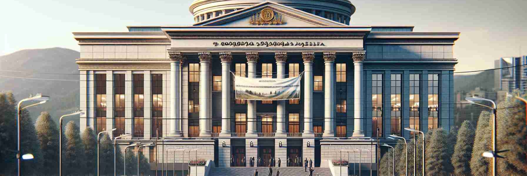 High-definition realistic illustration depicting the scene of a governmental building in Georgia, known for its legislation activities, where new environmental protection laws have been passed. The setting would be bustling with activity, lawmakers might be seen entering and exiting the building. In the background, there should be a large banner hanging across the building signifying the newly passed environmental legislation.