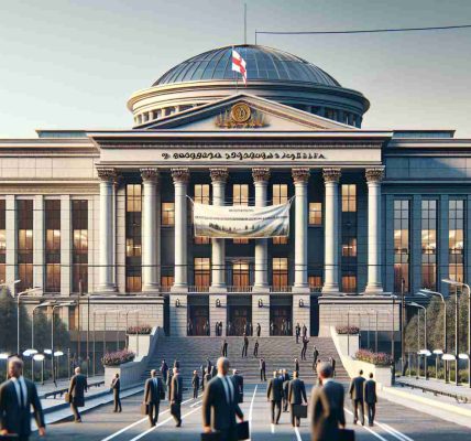 High-definition realistic illustration depicting the scene of a governmental building in Georgia, known for its legislation activities, where new environmental protection laws have been passed. The setting would be bustling with activity, lawmakers might be seen entering and exiting the building. In the background, there should be a large banner hanging across the building signifying the newly passed environmental legislation.