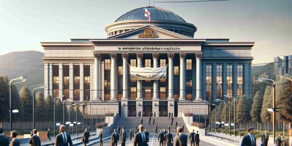 High-definition realistic illustration depicting the scene of a governmental building in Georgia, known for its legislation activities, where new environmental protection laws have been passed. The setting would be bustling with activity, lawmakers might be seen entering and exiting the building. In the background, there should be a large banner hanging across the building signifying the newly passed environmental legislation.