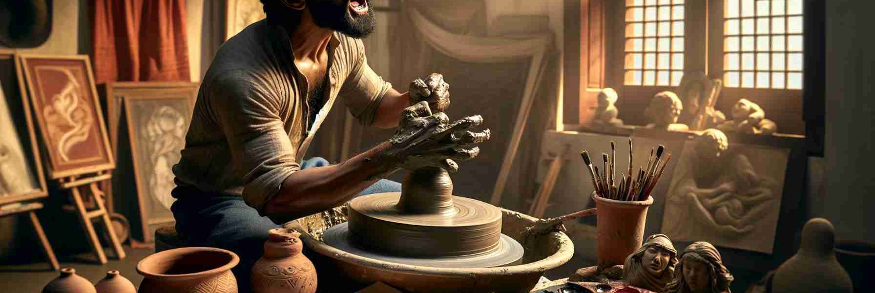 Create a hyper-realistic, high definition image showcasing the process of channeling emotions into artistic creations. Depict a noticeably emotional scene with a South Asian male artist passionately sculpting clay on a potter's wheel, his face reflecting intense concentration. His studio is a creative chaos, with sketches scattered around, a palette full of vibrant paint colors on a wooden table, and carved sculptures. The ambient light from the setting sun filters in through the window, casting long shadows. Inspired by the expressive nature of baroque art, let this image capture the raw, visceral process of art creation.