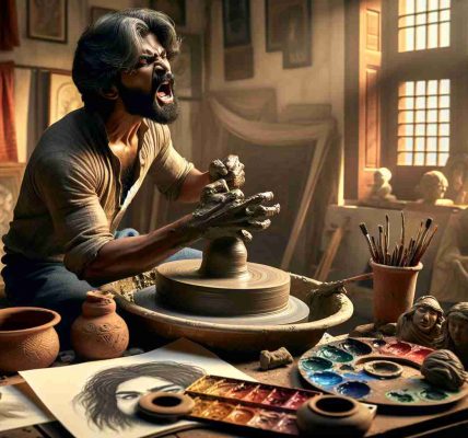 Create a hyper-realistic, high definition image showcasing the process of channeling emotions into artistic creations. Depict a noticeably emotional scene with a South Asian male artist passionately sculpting clay on a potter's wheel, his face reflecting intense concentration. His studio is a creative chaos, with sketches scattered around, a palette full of vibrant paint colors on a wooden table, and carved sculptures. The ambient light from the setting sun filters in through the window, casting long shadows. Inspired by the expressive nature of baroque art, let this image capture the raw, visceral process of art creation.