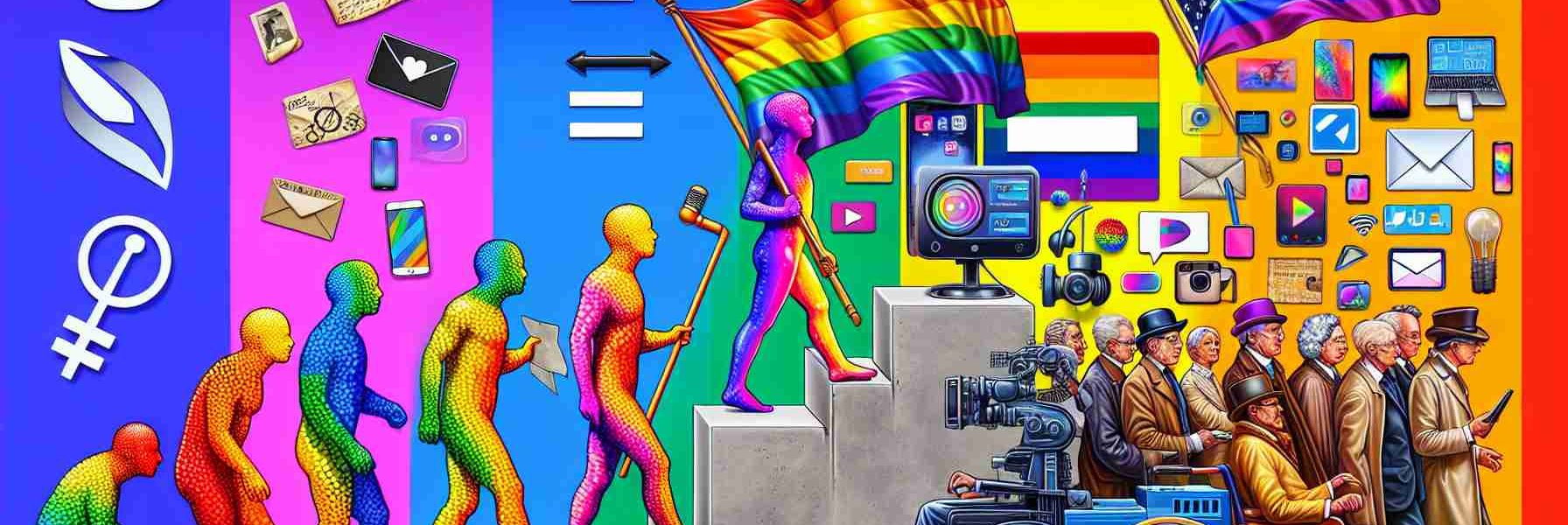 Realistically depict an HD image representing how new technologies have influenced the rights of the LGBTQ community. Show a symbolic evolution: depicting older methods of communication and activism on the left (such as banners, letters, and posters) contrasting with modern technological advancements (like social media, virtual reality, and AI) on the right. Include symbols of LGBTQ rights, such as the rainbow flag or equal sign. Please ensure the image is colorful and vibrant, symbolizing hope and progress.