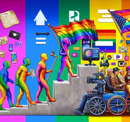 Realistically depict an HD image representing how new technologies have influenced the rights of the LGBTQ community. Show a symbolic evolution: depicting older methods of communication and activism on the left (such as banners, letters, and posters) contrasting with modern technological advancements (like social media, virtual reality, and AI) on the right. Include symbols of LGBTQ rights, such as the rainbow flag or equal sign. Please ensure the image is colorful and vibrant, symbolizing hope and progress.