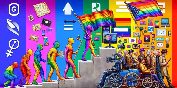 Realistically depict an HD image representing how new technologies have influenced the rights of the LGBTQ community. Show a symbolic evolution: depicting older methods of communication and activism on the left (such as banners, letters, and posters) contrasting with modern technological advancements (like social media, virtual reality, and AI) on the right. Include symbols of LGBTQ rights, such as the rainbow flag or equal sign. Please ensure the image is colorful and vibrant, symbolizing hope and progress.