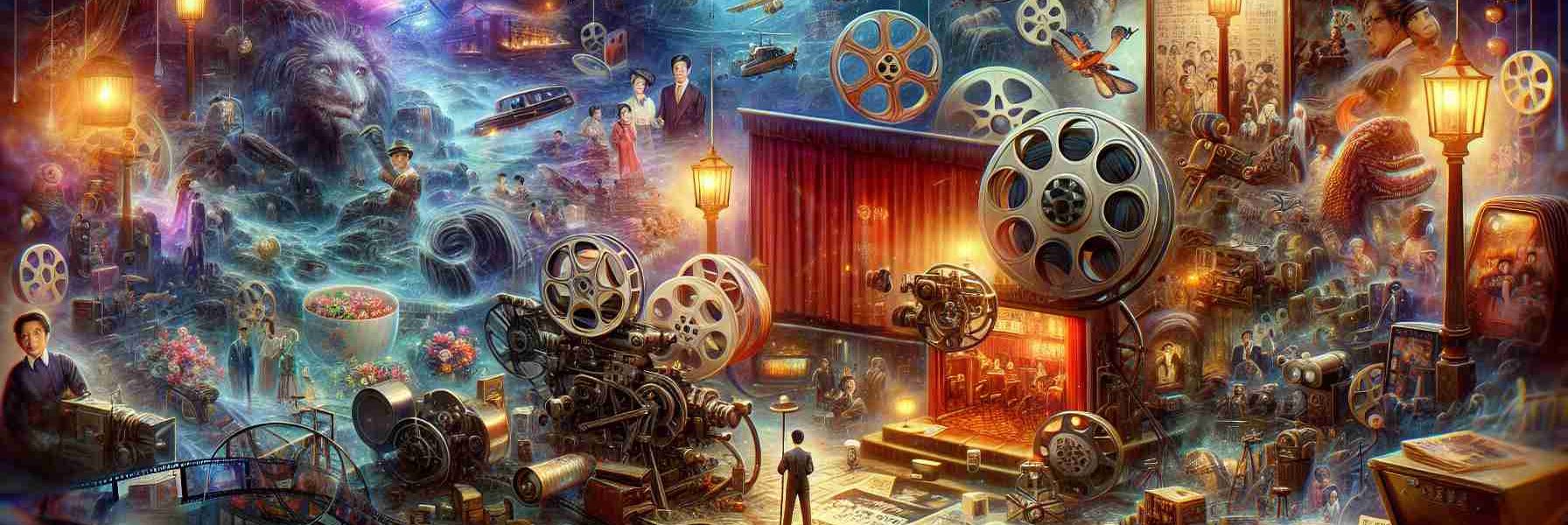 A high-definition, realistic illustration. The scene features a mysterious, intricate and engaging world related to Taiwanese Cinema. There are film reels, movie posters, projection equipment, and classic scenes depicted from old Taiwanese films. The atmosphere should be vibrant, charismatic, and teeming with the rich history and culture of Taiwanese Cinema.