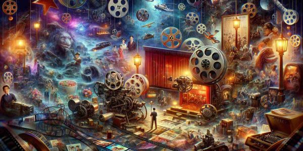 A high-definition, realistic illustration. The scene features a mysterious, intricate and engaging world related to Taiwanese Cinema. There are film reels, movie posters, projection equipment, and classic scenes depicted from old Taiwanese films. The atmosphere should be vibrant, charismatic, and teeming with the rich history and culture of Taiwanese Cinema.