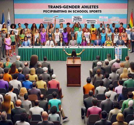 An image showcasing a structured discussion surrounding transgender athletes participating in school sports. The photograph should capture the diversity of opinions and individuals involved. In the scene, there's a podium where various speakers share their views. The audience consists of people from all walks of life and descents like Caucasian, Black, Hispanic, Middle-Eastern, South Asian, and White. The room is filled with bright lighting, colourful banners, among other supporting accessories that are common in such settings. Ensure the photograph is high-definition and presents a realistic depiction of this contemporary issue.