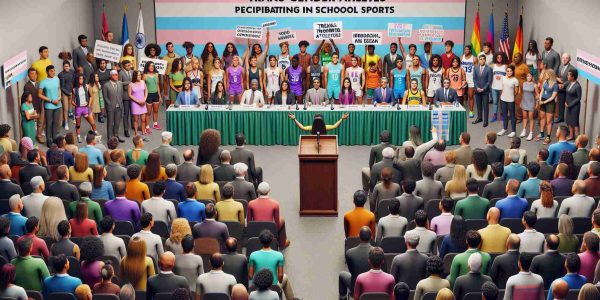 An image showcasing a structured discussion surrounding transgender athletes participating in school sports. The photograph should capture the diversity of opinions and individuals involved. In the scene, there's a podium where various speakers share their views. The audience consists of people from all walks of life and descents like Caucasian, Black, Hispanic, Middle-Eastern, South Asian, and White. The room is filled with bright lighting, colourful banners, among other supporting accessories that are common in such settings. Ensure the photograph is high-definition and presents a realistic depiction of this contemporary issue.