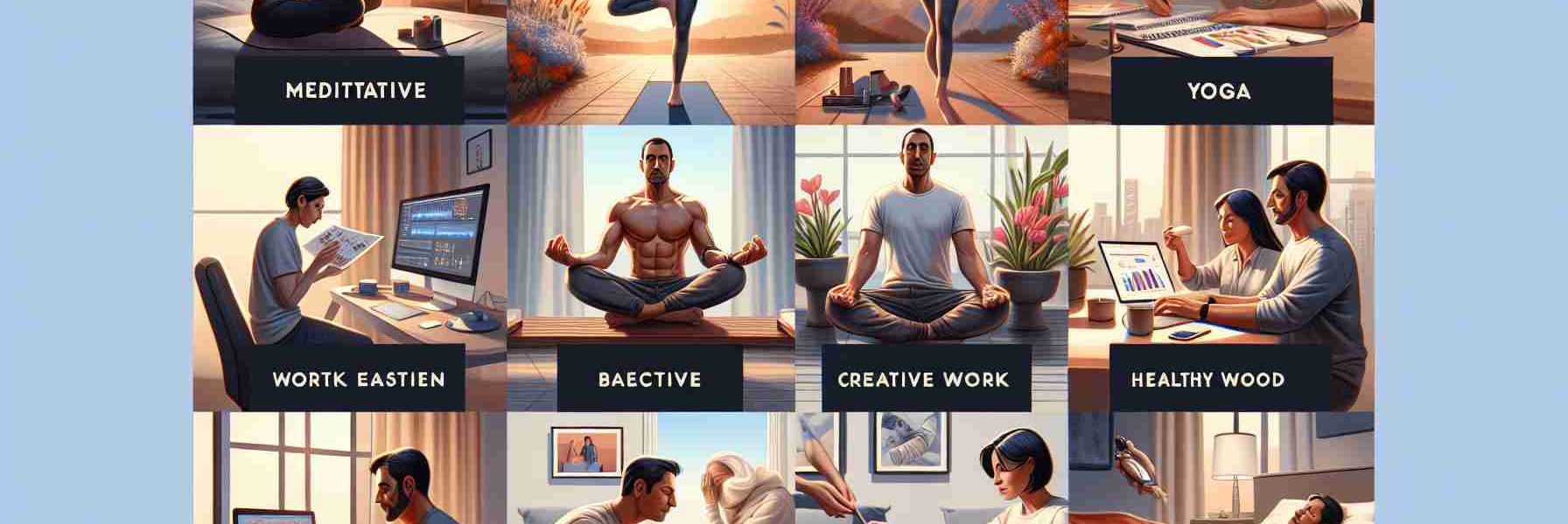 A high-definition, realistic image representing various ways to navigate stress during unpredictable periods. It could contain meditative activities like yoga, performed by a Black man in a calm, serene environment. It might also show a Middle Eastern woman indulging in a creative hobby such as painting. Work-life balance can be visualized by depicting a South Asian woman managing office work from home successfully. It may include visual cues to promote self-care, like a Caucasian man enjoying a warm bath, healthy food, exercise, and ample rest. Lastly, a social interaction scene can display an East Asian man participating in a video call with friends.