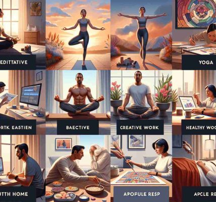 A high-definition, realistic image representing various ways to navigate stress during unpredictable periods. It could contain meditative activities like yoga, performed by a Black man in a calm, serene environment. It might also show a Middle Eastern woman indulging in a creative hobby such as painting. Work-life balance can be visualized by depicting a South Asian woman managing office work from home successfully. It may include visual cues to promote self-care, like a Caucasian man enjoying a warm bath, healthy food, exercise, and ample rest. Lastly, a social interaction scene can display an East Asian man participating in a video call with friends.