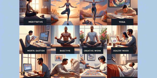 A high-definition, realistic image representing various ways to navigate stress during unpredictable periods. It could contain meditative activities like yoga, performed by a Black man in a calm, serene environment. It might also show a Middle Eastern woman indulging in a creative hobby such as painting. Work-life balance can be visualized by depicting a South Asian woman managing office work from home successfully. It may include visual cues to promote self-care, like a Caucasian man enjoying a warm bath, healthy food, exercise, and ample rest. Lastly, a social interaction scene can display an East Asian man participating in a video call with friends.