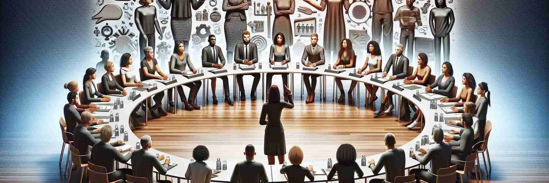 Realistic HD image depicting an abstract concept of an ongoing debate and challenges on gender identity. The scene could feature a large roundtable discussion setting, with a diversity of individuals from different descents, including Caucasian, Hispanic, Black, Middle-Eastern, and South Asian. Each person could be shown expressing a variety of emotions indicative of passionate debate. The background could be decorated with symbols and metaphors related to politics and gender identity.