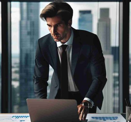 An HD image of an economic advisor stepping into a new role. The advisor is a middle-aged Caucasian man dressed formally. The setting is professional, probably in a sleek office with a city skyline visible from the window. He is captured surfing through some financial reports and his expression reflects concentration and determination.