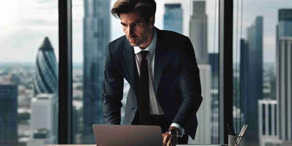 An HD image of an economic advisor stepping into a new role. The advisor is a middle-aged Caucasian man dressed formally. The setting is professional, probably in a sleek office with a city skyline visible from the window. He is captured surfing through some financial reports and his expression reflects concentration and determination.