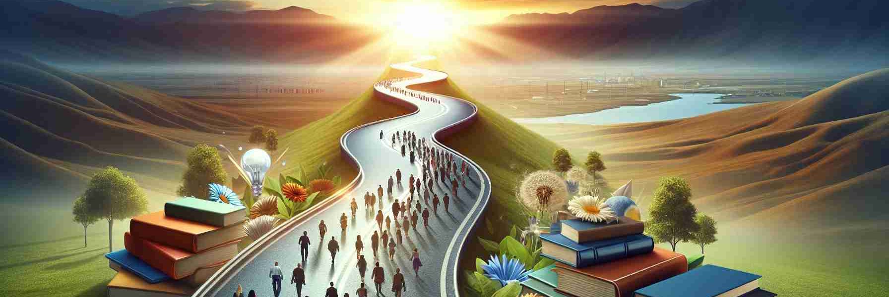 Generate a realistic, high-definition image that creatively visualizes the concept of 'New Pathways for Democratic Success.' This could feature an open, winding road leading towards a sunrise, symbolizing a bright future for democracy. Perhaps include educational books along the road, representing knowledge and enlightenment, as well as diverse groups of people walking towards the horizon, depicting active citizen participation. Remember to embody the fresh and hopeful nature of 'new pathways' in your depiction.