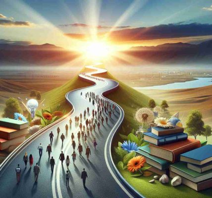 Generate a realistic, high-definition image that creatively visualizes the concept of 'New Pathways for Democratic Success.' This could feature an open, winding road leading towards a sunrise, symbolizing a bright future for democracy. Perhaps include educational books along the road, representing knowledge and enlightenment, as well as diverse groups of people walking towards the horizon, depicting active citizen participation. Remember to embody the fresh and hopeful nature of 'new pathways' in your depiction.