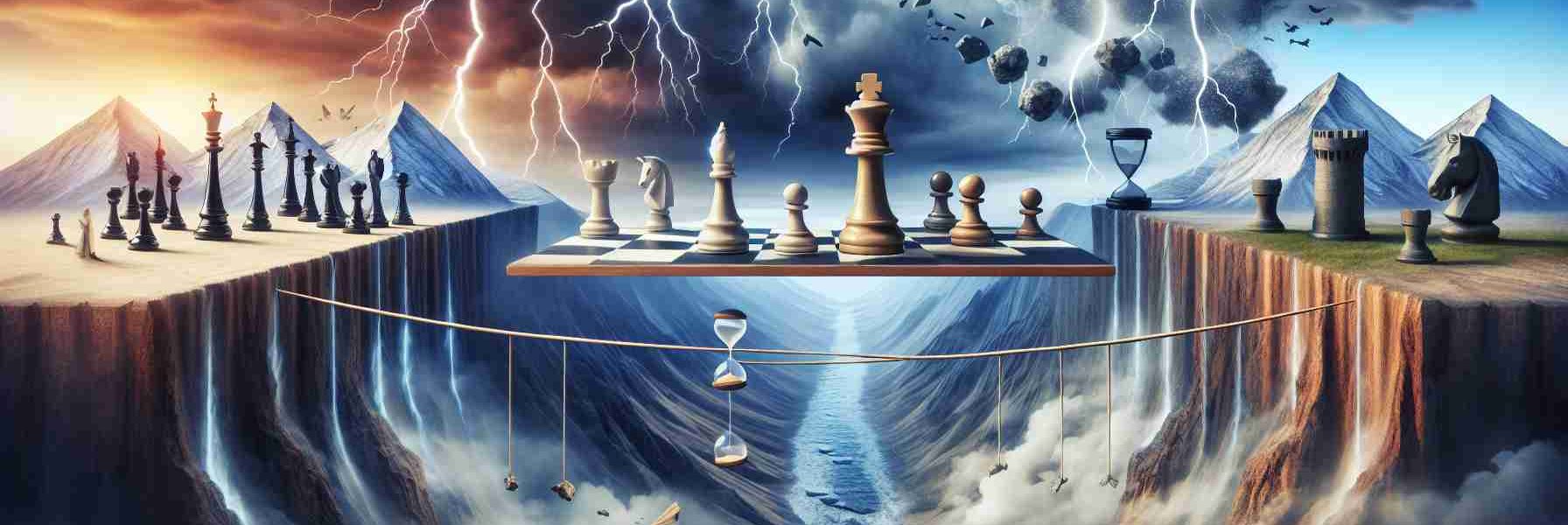 Detailed visual representation of abstract concepts symbolizing the challenges faced by political parties in today's environment. Picture a stormy landscape, with lightning striking into mountains signifying political instability. Also include chess pieces scattered across a giant board to symbolize strategic decisions and tactical maneuvers, and a tightrope stretched precariously over a deep chasm as an allegory for the balance they must maintain. Add an hourglass in the foreground to indicate the pressure of time. All in realistic, high-definition detail.