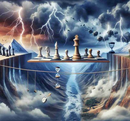 Detailed visual representation of abstract concepts symbolizing the challenges faced by political parties in today's environment. Picture a stormy landscape, with lightning striking into mountains signifying political instability. Also include chess pieces scattered across a giant board to symbolize strategic decisions and tactical maneuvers, and a tightrope stretched precariously over a deep chasm as an allegory for the balance they must maintain. Add an hourglass in the foreground to indicate the pressure of time. All in realistic, high-definition detail.