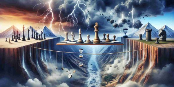 Detailed visual representation of abstract concepts symbolizing the challenges faced by political parties in today's environment. Picture a stormy landscape, with lightning striking into mountains signifying political instability. Also include chess pieces scattered across a giant board to symbolize strategic decisions and tactical maneuvers, and a tightrope stretched precariously over a deep chasm as an allegory for the balance they must maintain. Add an hourglass in the foreground to indicate the pressure of time. All in realistic, high-definition detail.